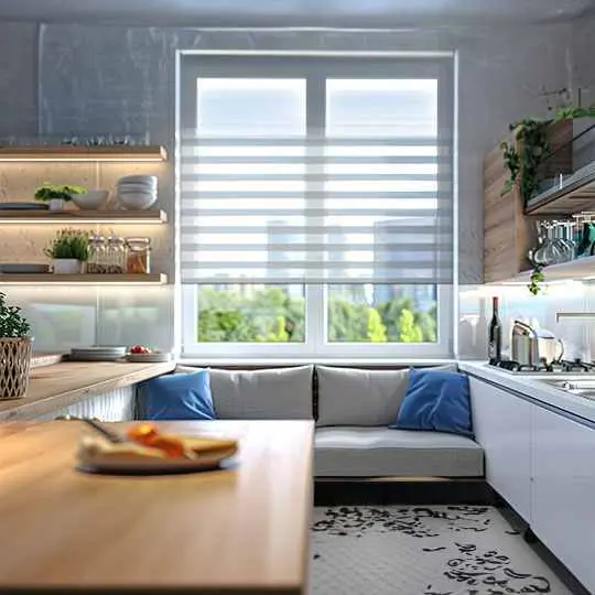 Modern roller blinds in a stylish living room, providing sleek design and effective light control.