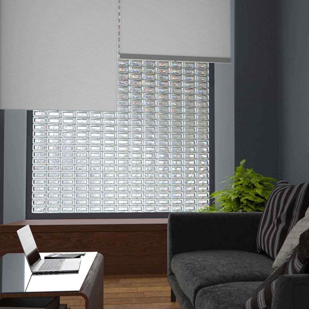 Elegant vertical blinds in a modern space, offering light control, privacy, and a sleek design—custom blinds by SN Interiors Goa.