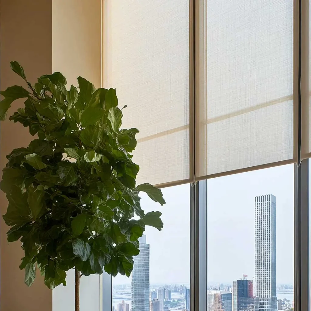 Modern window blinds in a high-rise apartment in Goa – roller blinds with a view of the city skyline and indoor plant.