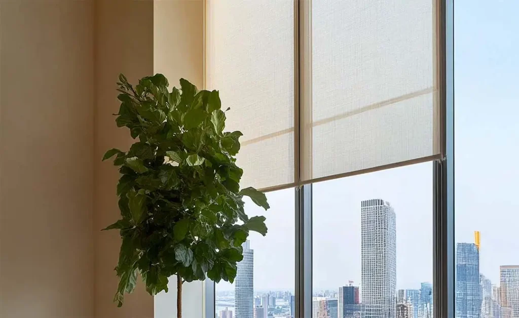 Modern window blinds in a high-rise apartment in Goa – roller blinds with a view of the city skyline and indoor plant.