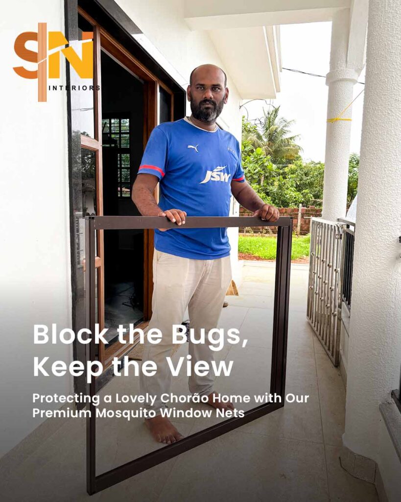 Mosquito mesh window open-frame installation in Ribandar by Salman Azam, SN Interiors Goa