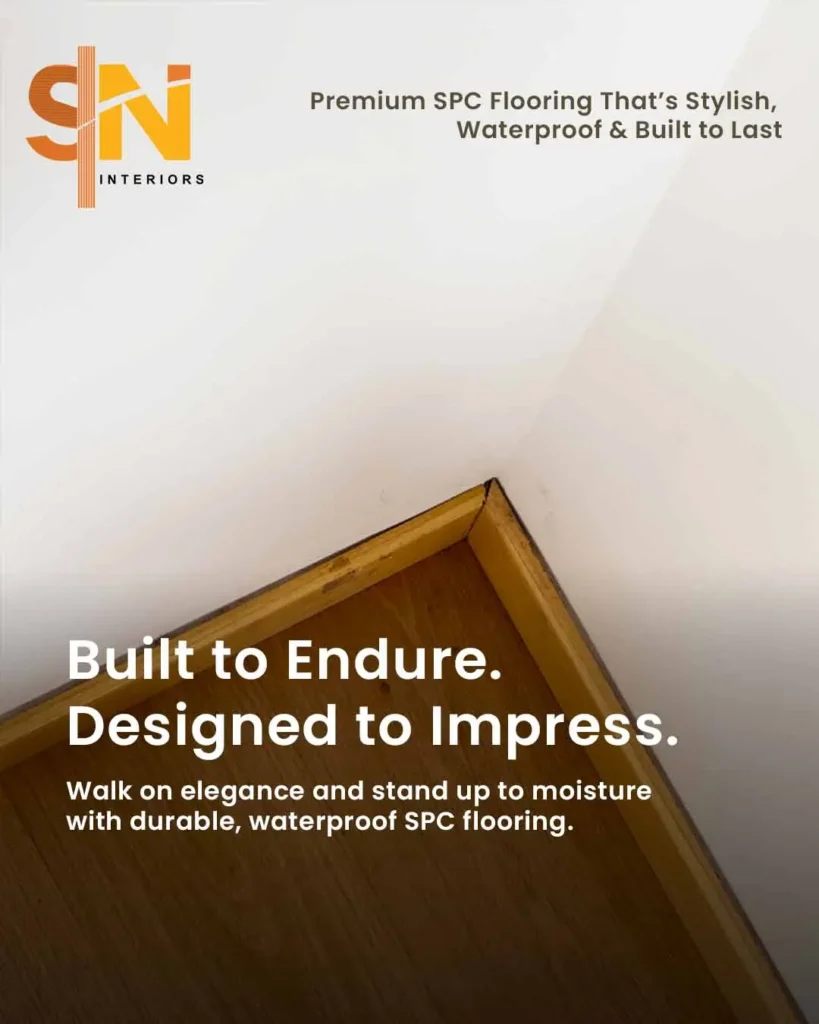 SPC flooring installation by S.N Interiors at Sea Breeze Apartments, Porvorim, Goa – elegant, waterproof, and highly durable flooring solution