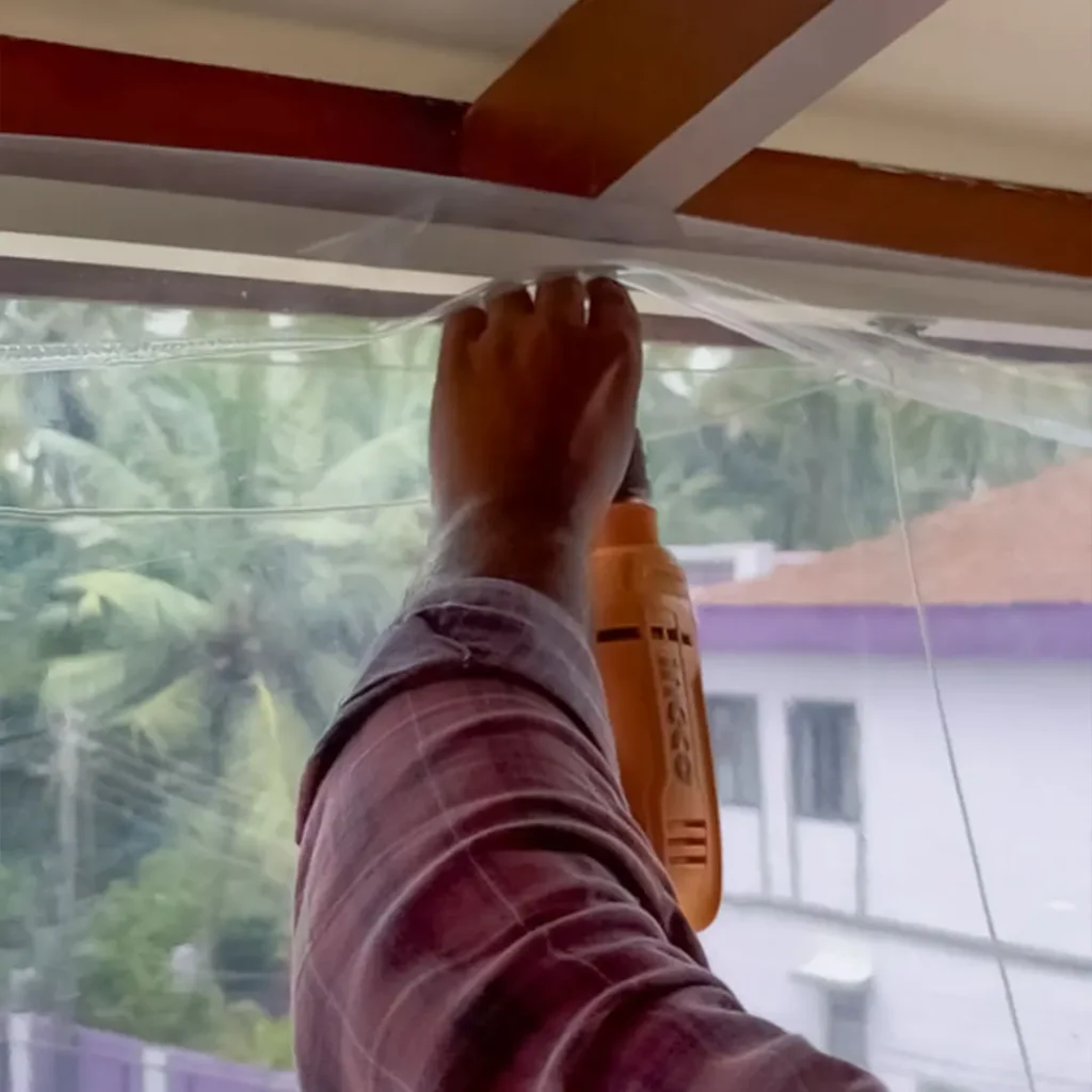 Monsoon blinds installation at Candolim terrace by Salman Azam for S.N Interiors Goa