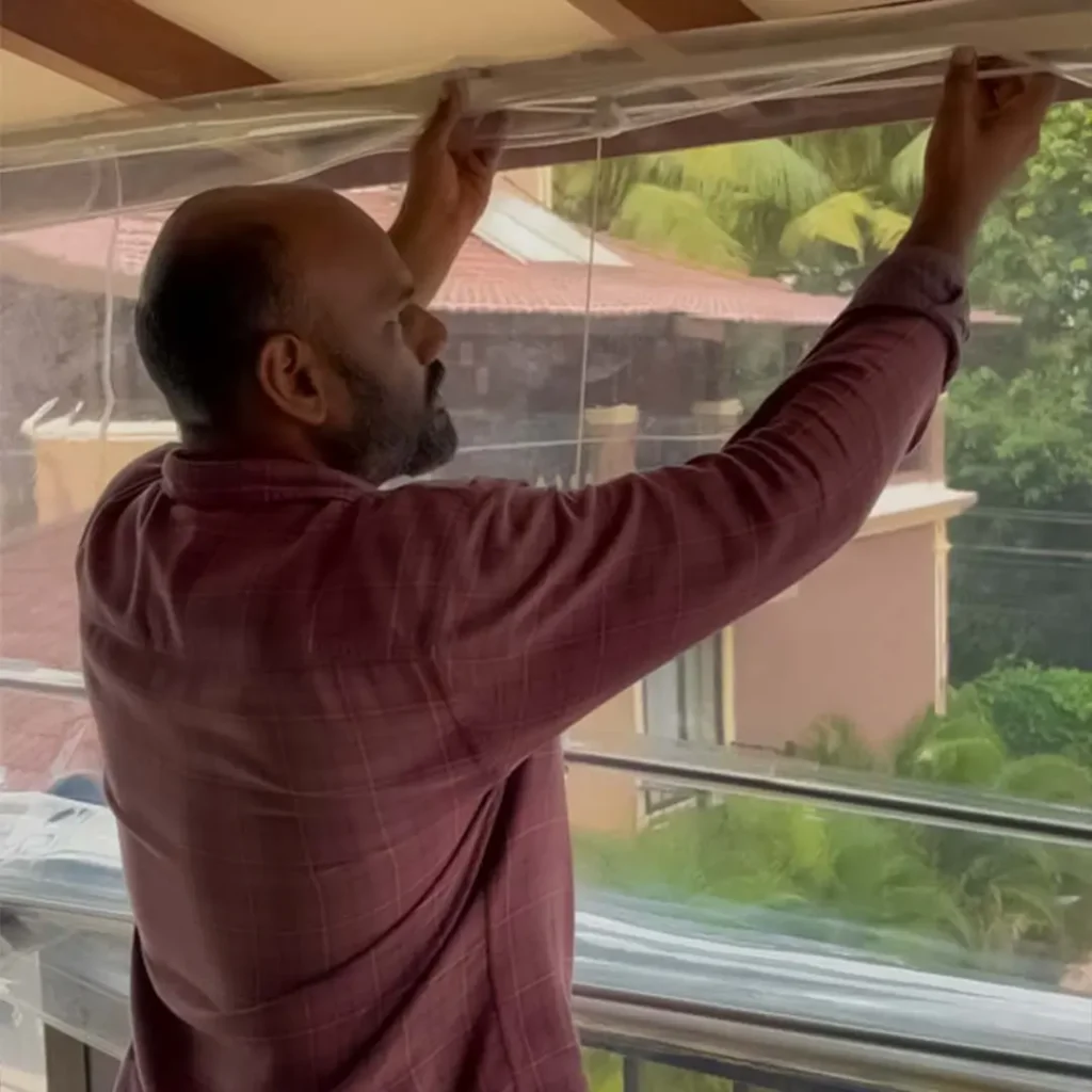 Monsoon blinds installation at Candolim terrace by Salman Azam for S.N Interiors Goa