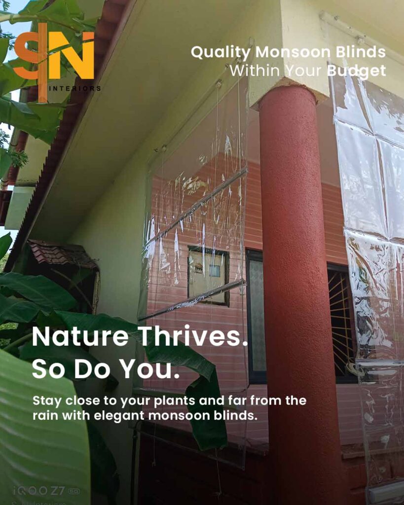 Monsoon blinds installation at ground floor balcony in Divar Island by S.N Interiors Goa