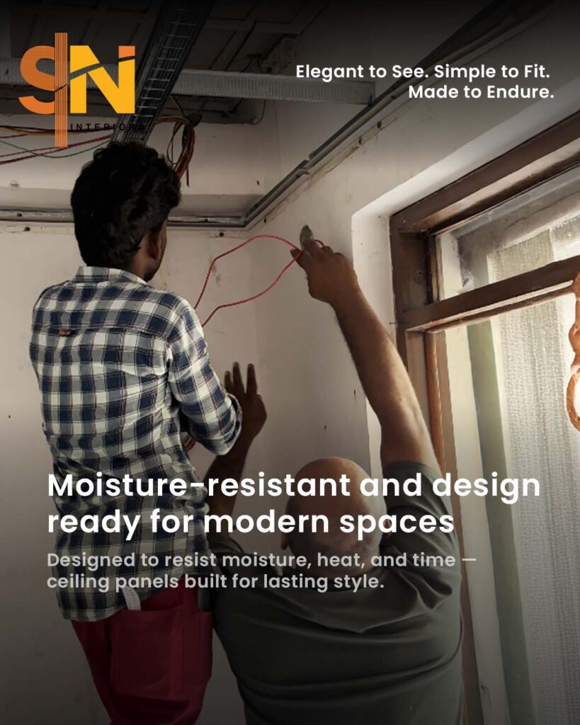 Ceiling panel installation in St. Cruz, Panjim, Goa by S.N Interiors – stylish, durable, and moisture-resistant ceiling solutions.