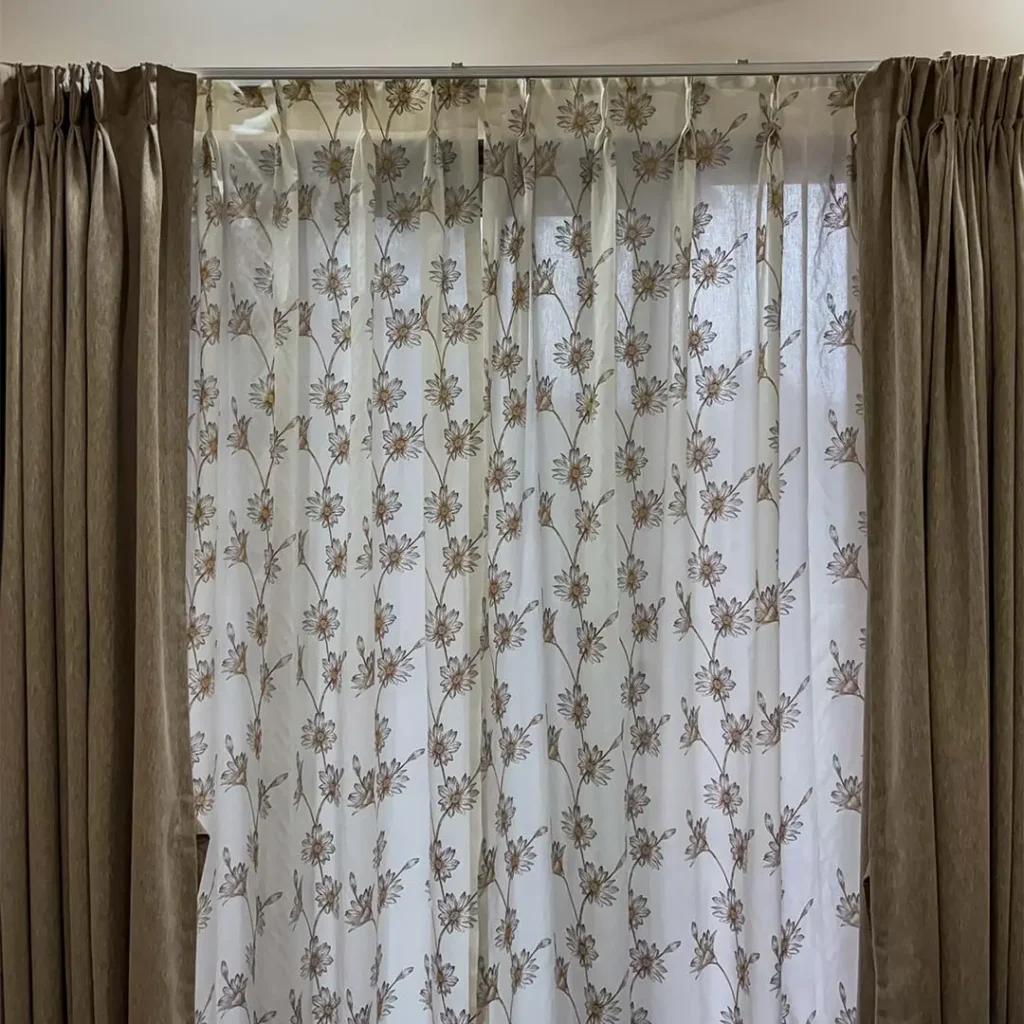Front view of curtains installed at Amora by S.N Interiors Goa – stylish window design