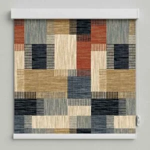 Alkemis Aura roller blinds AU030 with patchwork geometric pattern in beige grey black and rust tones installed in Goa