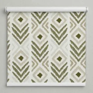 Alkemis Aura roller blinds AU035 with olive green tribal ikat pattern installed in Goa providing light filtering and privacy
