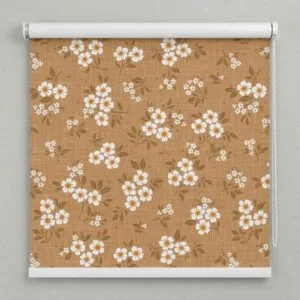 Alkemis Aura roller blinds AU038 with white floral pattern on brown fabric installed in Goa