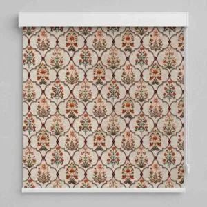 SN Interiors roller blinds ETB23401 with ethnic floral jaali pattern in red and green tones installed in Goa