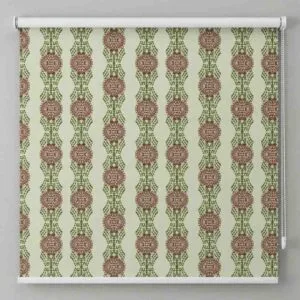 SN Interiors roller blinds ETB23406 with vertical ethnic stripe pattern and circular medallions in green and rust tones installed in Goa
