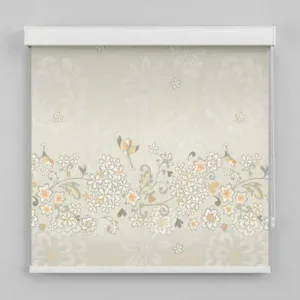 SN Interiors roller blinds with floral bird pattern in beige and pastel tones installed in Goa