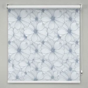 SN Interiors roller blinds with soft blue floral pattern on white background installed in Goa