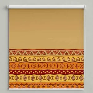 SN Interiors roller blinds with beige background and ethnic geometric patterned bands in orange and red tones