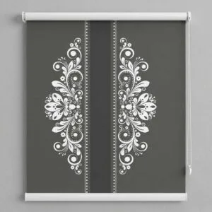 SN Interiors roller blinds with dark grey background and white symmetrical floral design