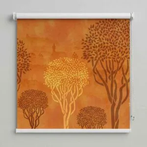 SN Interiors roller blinds with warm orange background and artistic tree pattern design