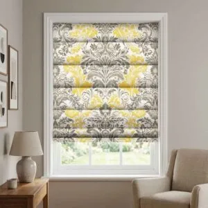 SN Interiors roman blinds PG09 with grey and mustard damask floral pattern installed in modern living room in Goa