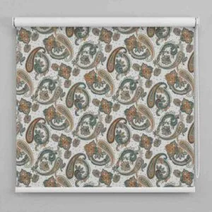 SN Interiors roller blinds paisley design with multi color floral pattern in green rust tones installed in Goa