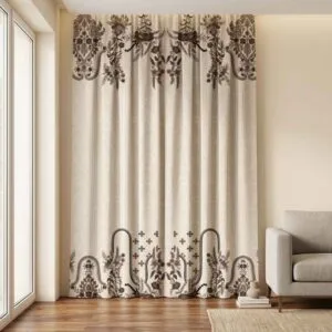Designer Levi ethnic pattern curtains with floral borders installed by SN Interiors Goa.