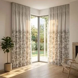 Custom Levi floral vine pattern curtains installed in a modern Goa living room by SN Interiors.