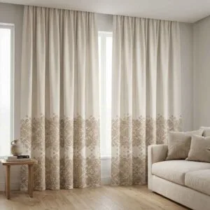 Designer Levi geometric border curtains in beige installed by SN Interiors Goa.