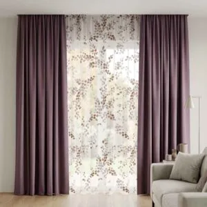 Premium plum-colored blackout curtains and mauve leaf sheers professionally installed by SN Interiors Goa.