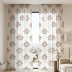 Premium off-white sheer curtains with terracotta leaf patterns professionally installed by SN Interiors Goa